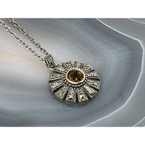 Signed Judith Jack Dimed Sized Marcasite & Citrine Pendant w/Chain 16